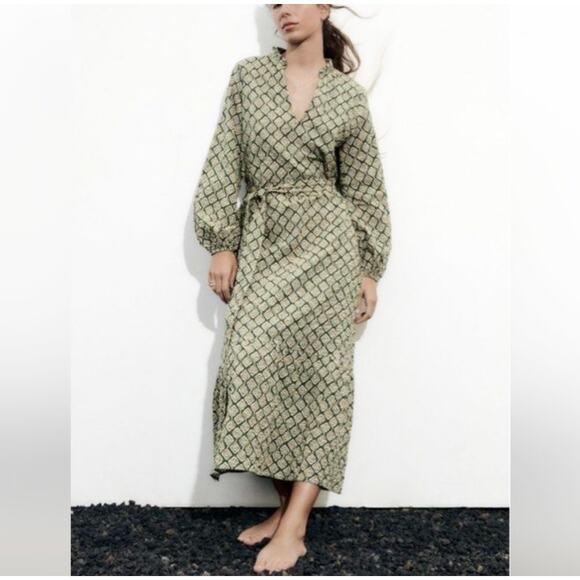Zara Green Cream Geometric Print Long Sleeve C-Neck Tie Waist Midi Dress Size L - Picture 1 of 8